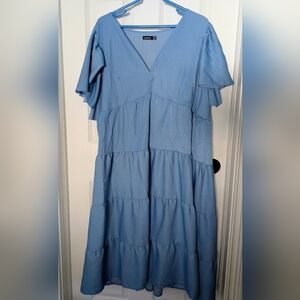 Blue Tiered V-Neck Women's Dress